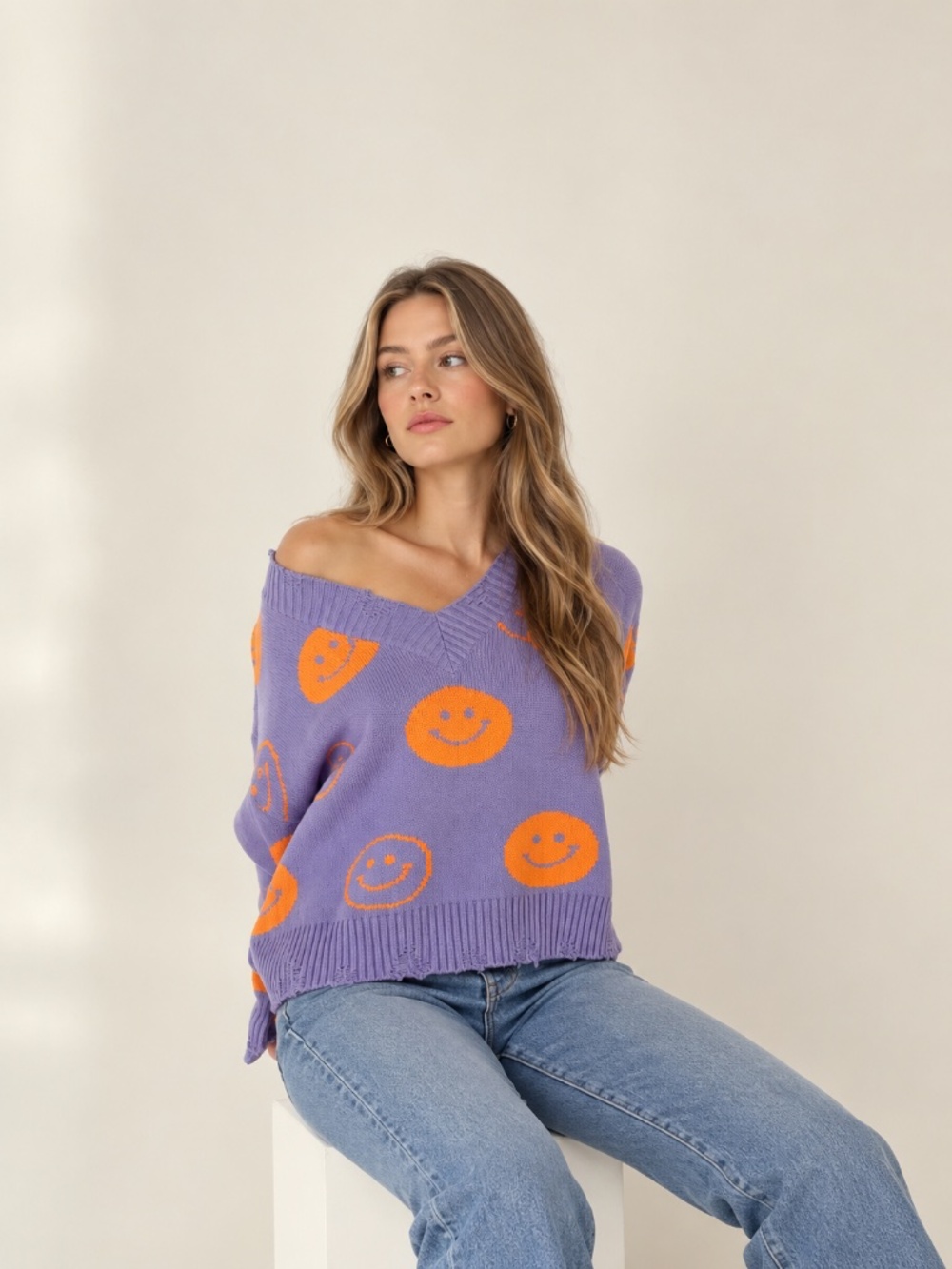 Bailey Rose Womens Distressed Sweater Smiley Faces Purple L